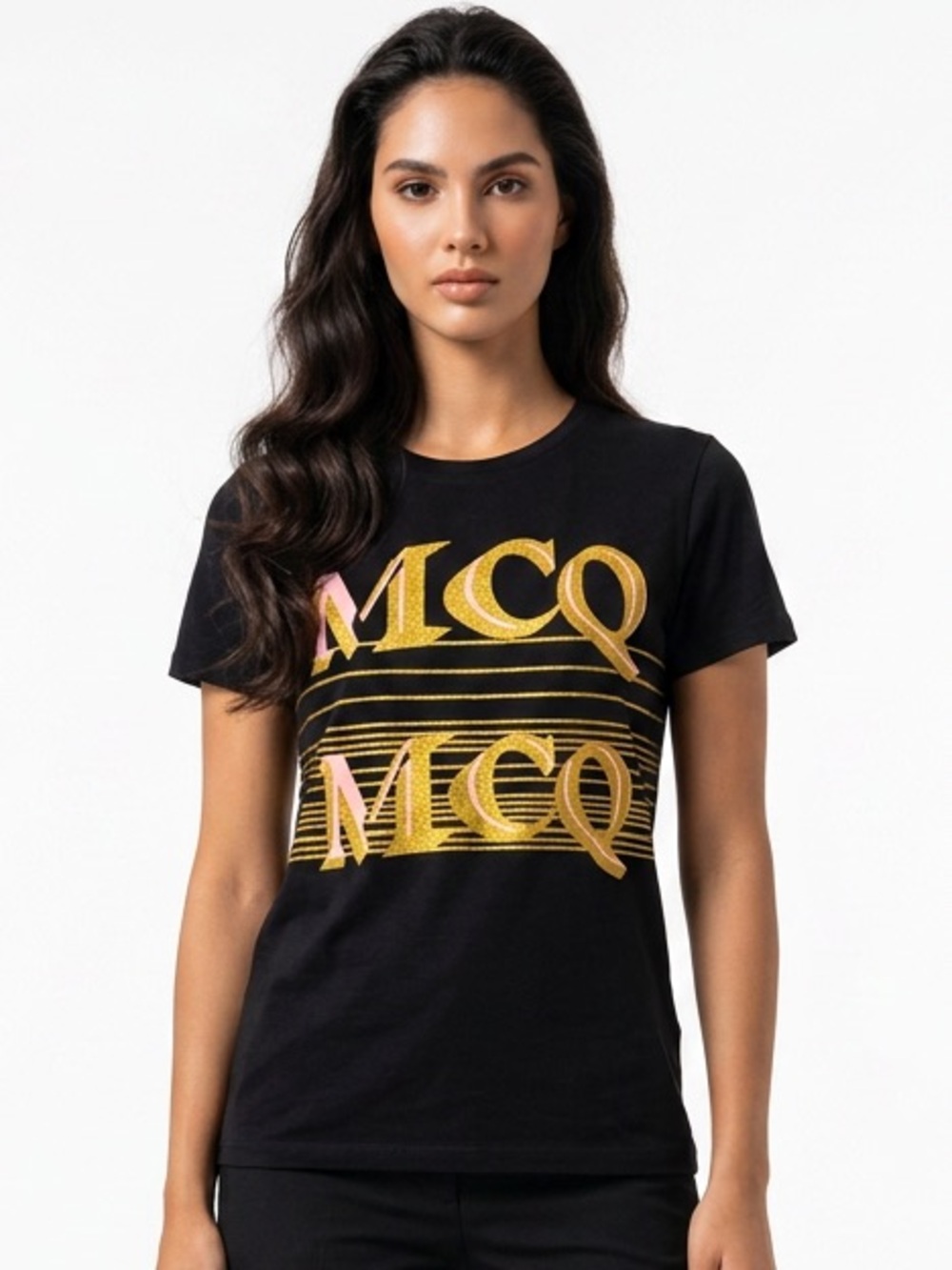 ALEXANDER MCQUEEN | NEW Black MCQ Logo Tee Gold Pink Graphic Women’s Size Small